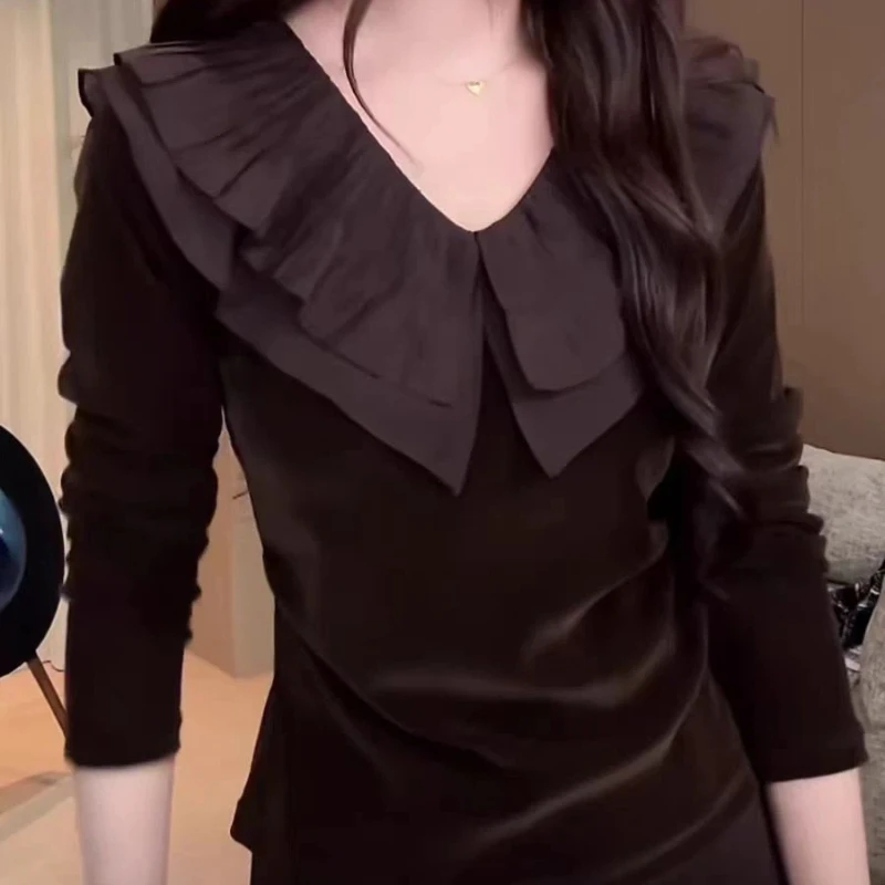 

Elegant Women Blouse With Ruffled Collar Long Sleeve Slim Fit Spring Autumn Casual Wear