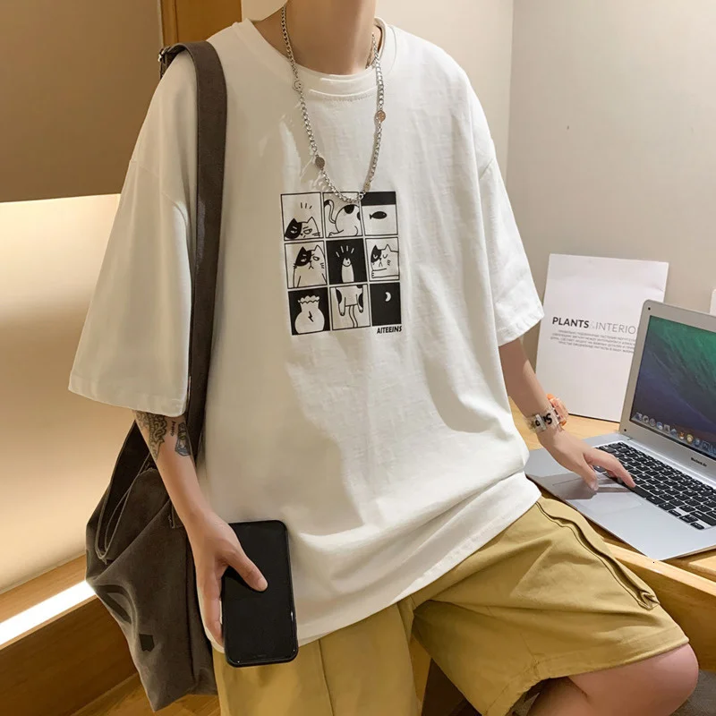 PRIVATHINKER Cat Simple Cute Cartoon Graphic Men Tshirt Short Sleeve T-shirt Kawaii Fashion Male Oversize T Shirt Men\'s Clothing