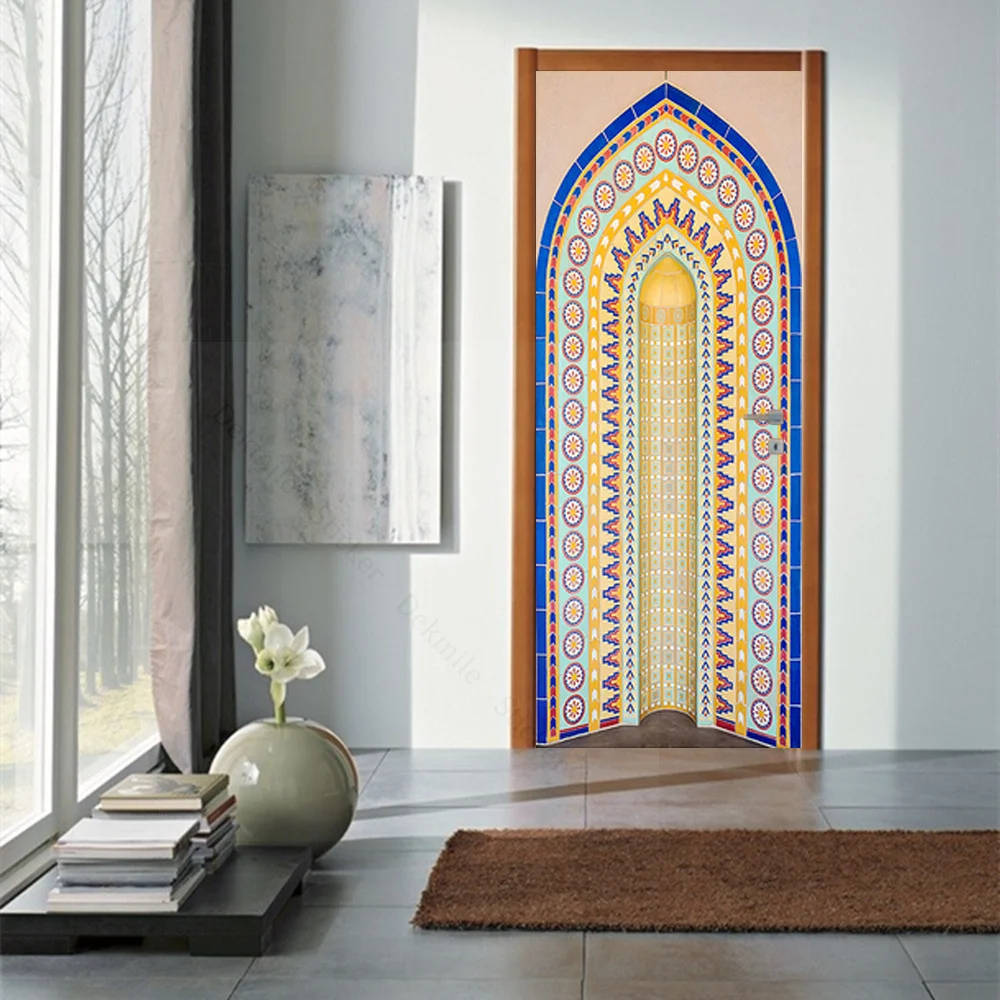 White 3D Self-adhesive Door Sticker Art Arch Refurbish Poster Muslim Mosque of Mecca Cabinet Wall Stickers Custom Mural For Home