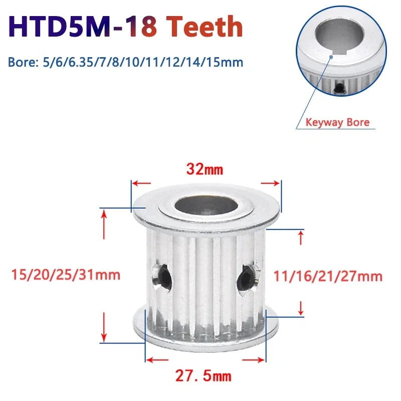 1pc 18 Teeth HTD5M Timing Pulley 18T HTD 5M Synchronous Wheel for Belt Width 10/15/20/25mm Bore 5/6.35/7/8/10/11/12/12.7/14/15mm
