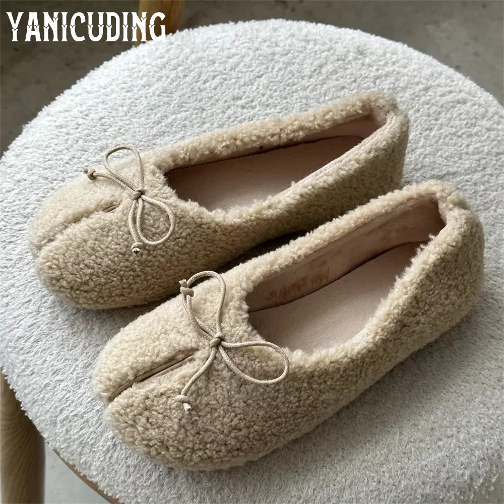 Faux Fur Tabi Toe Ballerinas Winter Warm Cute Fur Shoes Multicolor Comfort Slip-On Flats Bow Handmade Mary Jane Shoes for Women