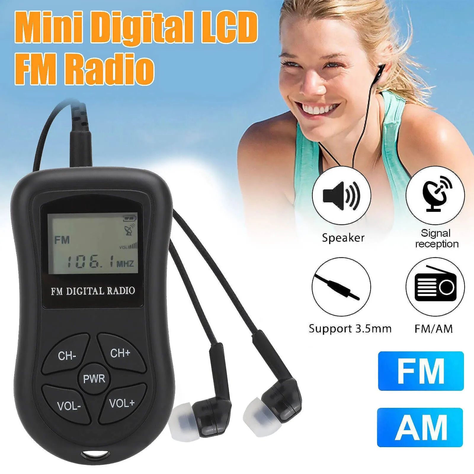 Portable Mini DSP Digital LCD Screen Display FM Radio Stereo Receiver With Wired Earphone Neck Strap 60-108MHz Pocket Receiver