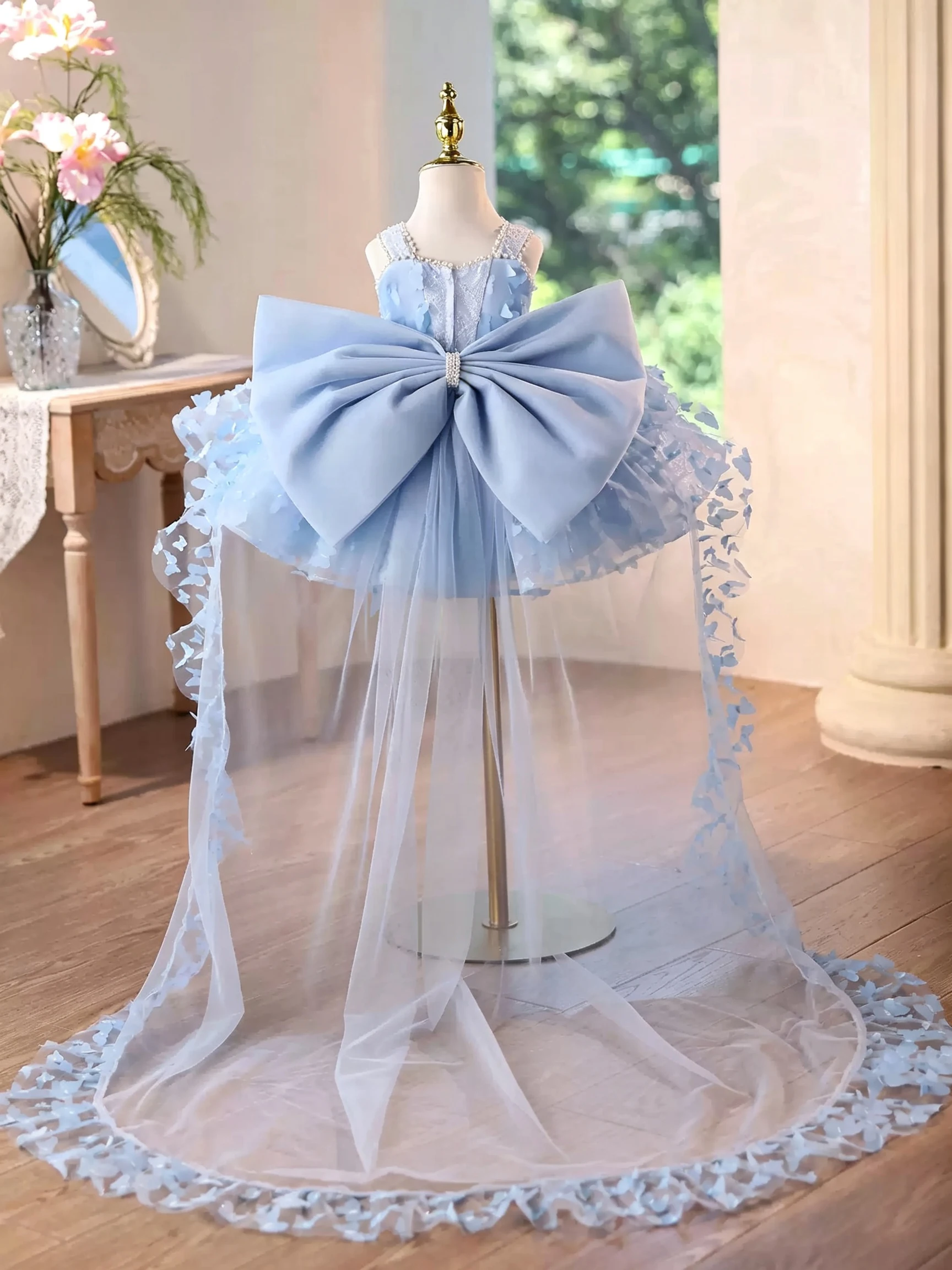 KLFLGD Children's Dress, High-End Luxury, niche Piano Performance, Trailing Fluffy Veil, Girls' Host's Birthday Princess Dress