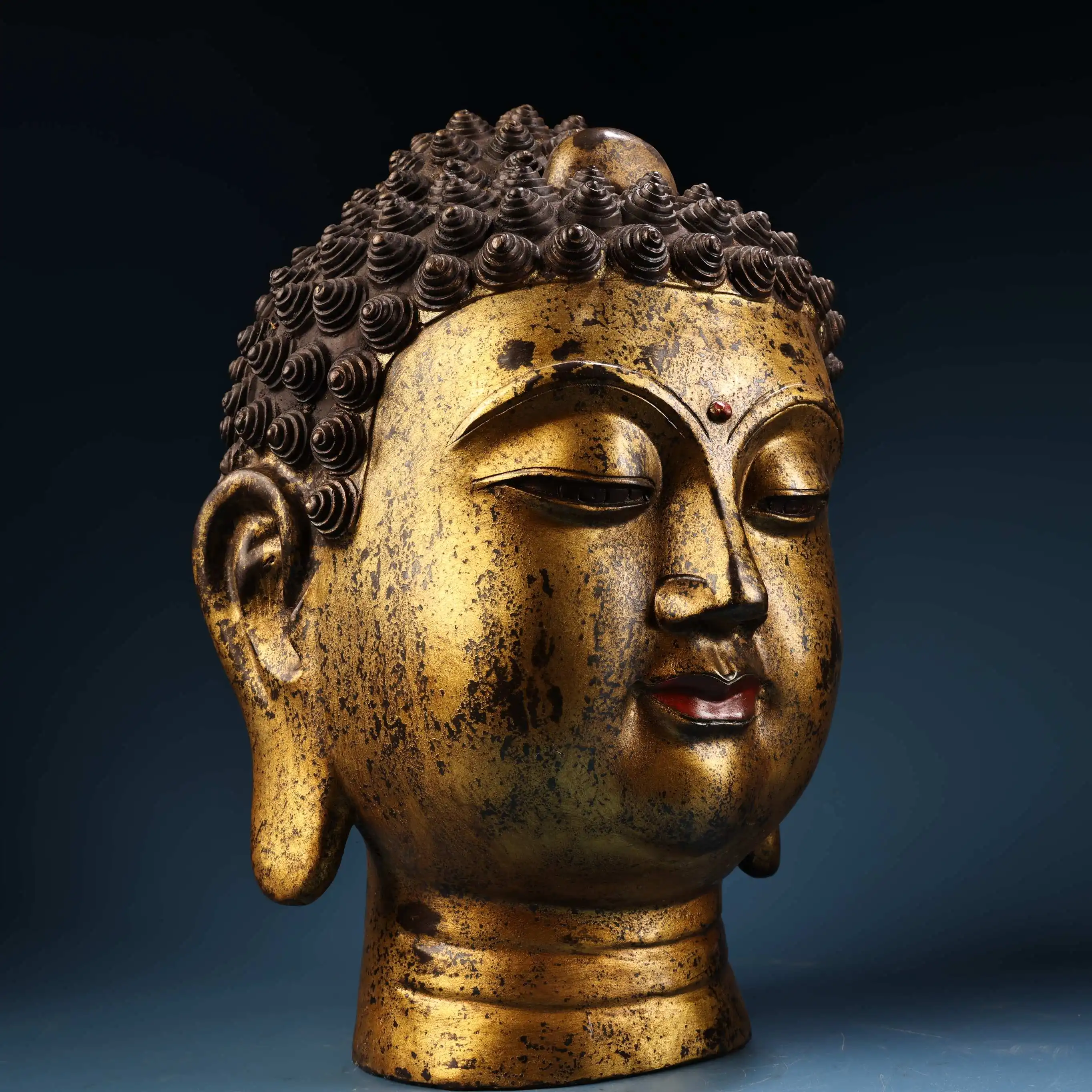 

14"Tibetan Temple Collection Old Bronze High Relief Gilded Cinnabar Shakyamuni Buddha Head Amitabha Worship Hall Town house