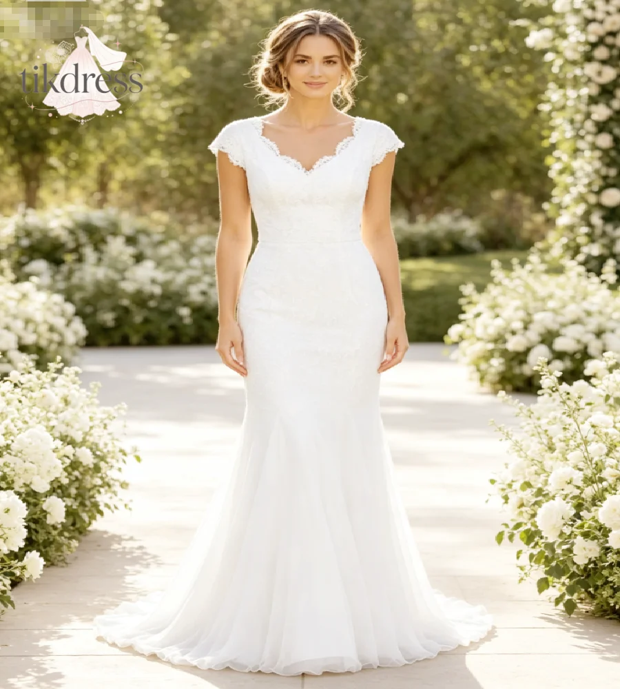 Elegant Bohemian Mermaid Lace Wedding Dress 2027 Cap Sleeves Chapel Train Garden Bride Dresses Back Bow Button Rustic Customized