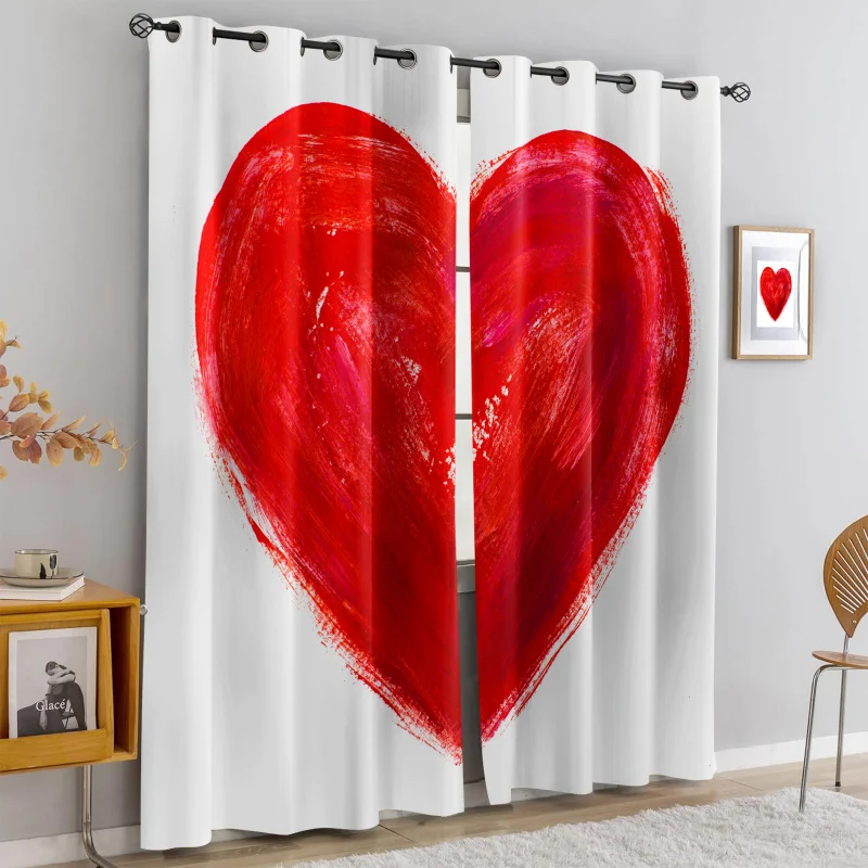 

2Pcs Romantic Love Style Red Heart Print Perforated Blackout Curtains, Multi Size Living Room Bedroom Insulation Decoration