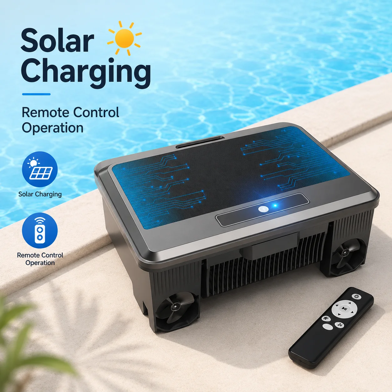 Upgraded Robotic Pool Cleaner Powered Solar Pool Vacuum Surface Cleaner Dual Charging Option with Remote Control of Pool Skimmer