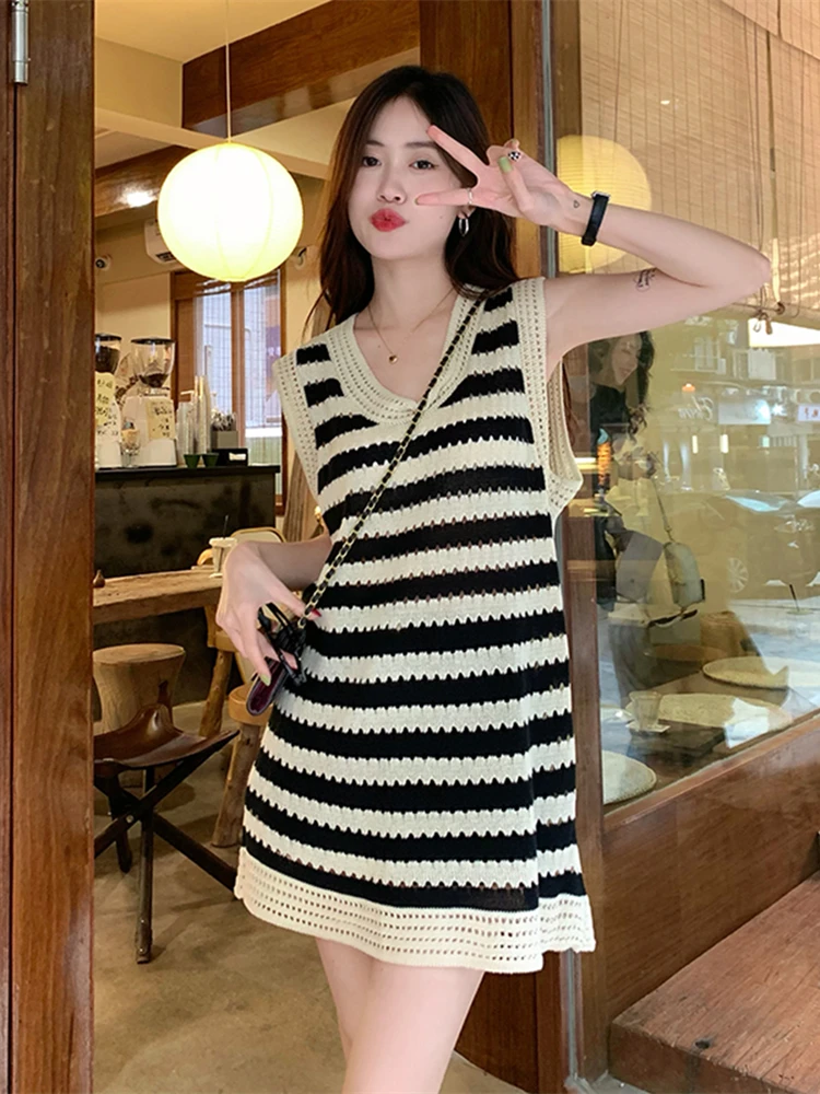 

Women's Sleeveless Striped Knitted Vest Dress Hollow out Design Summer Fashion Casual Loose Fit Dress Korean Style
