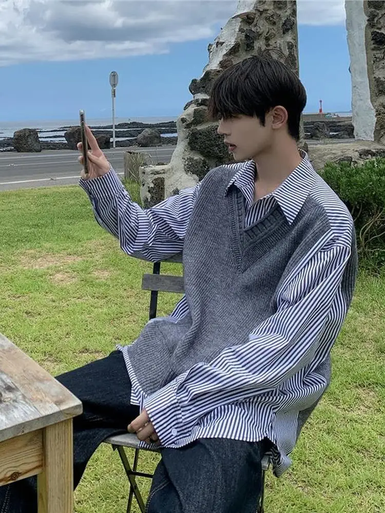 

Casual Loose Men's Knitted Sweater Stripe Patchwork Collar Long Sve Autumn Winter Faionable Polyester Fiber Korean Sle