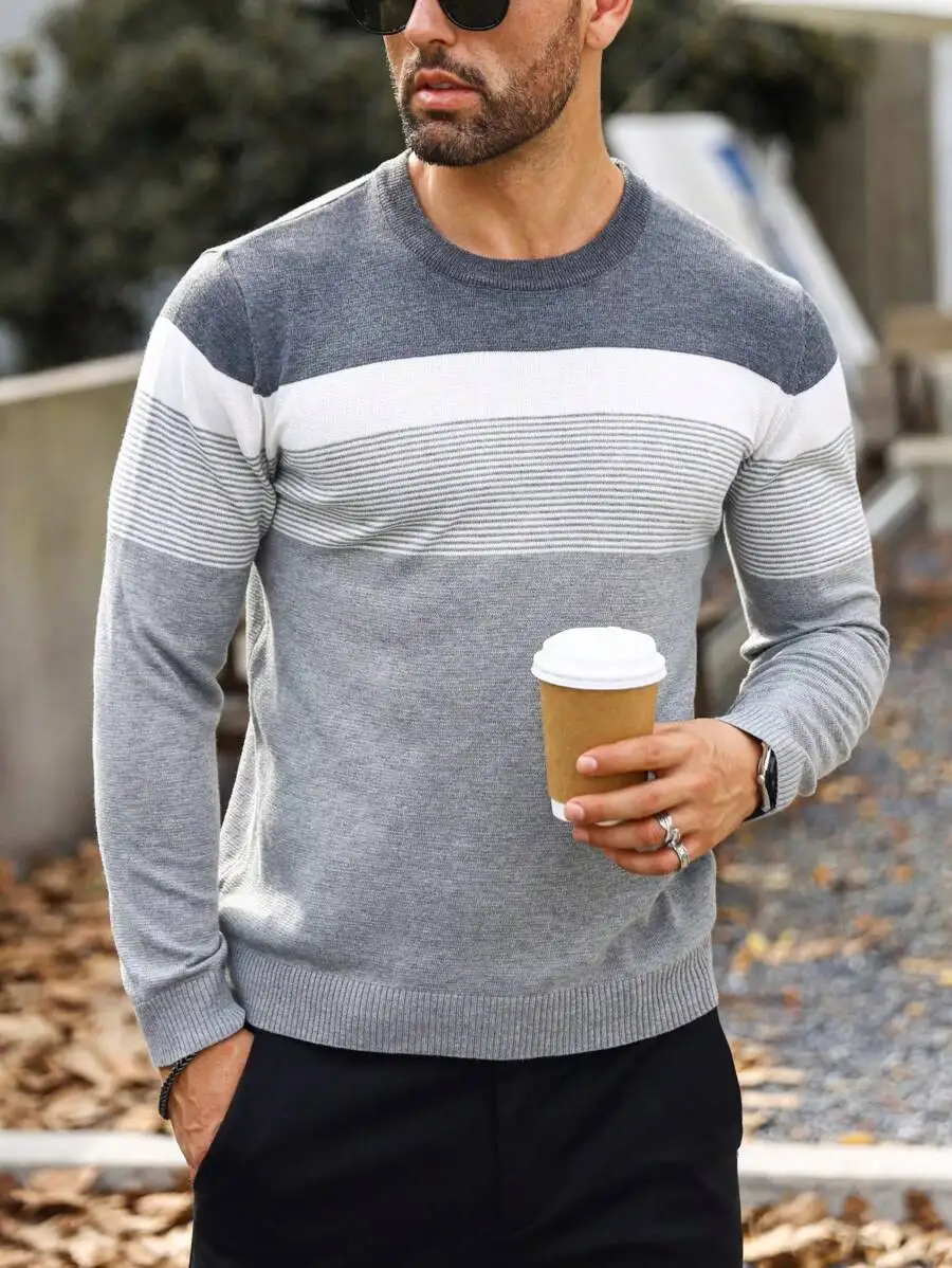

Men's Gray Striped Rib-Knit Long Sleeve Round Neck Pullover Sweater