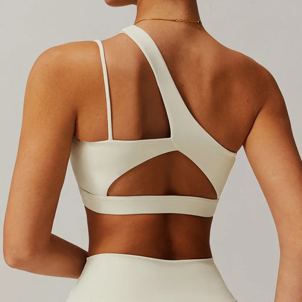 

Sexy One Shoulder Sports Bra Women High Support Impact Open Back Yoga Underwear Slim Fit Gym Fitness Vest With Pads Tank Tops