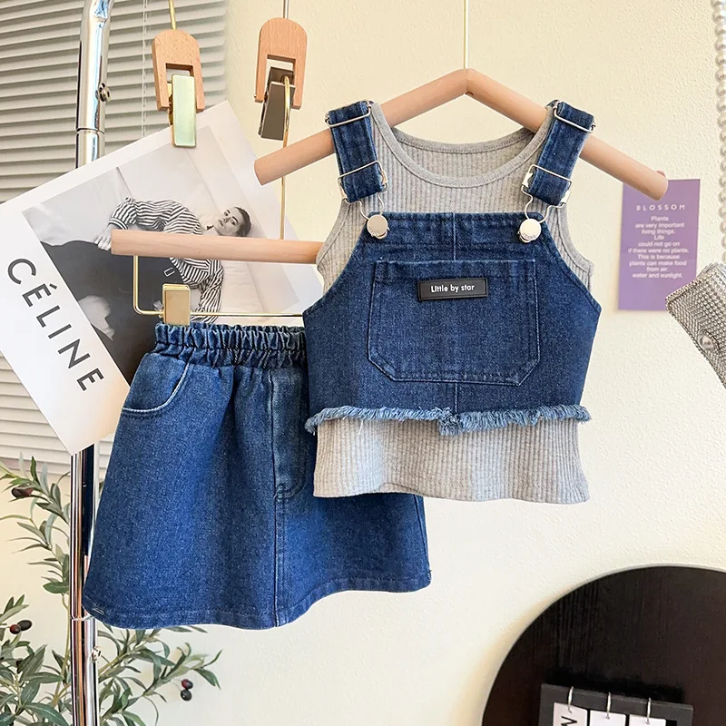

Girls' Denim Set Summer Children's Vest+TT-shirt+Half Skirt Girl Baby Casual Three-Piece Set