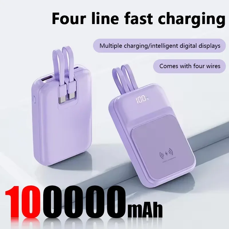 50000mAh Fast Charging Mobile Power Bank Wireless Magnetic Suction Built-in Charging Cable Large Capacity Mini Portable New 2025