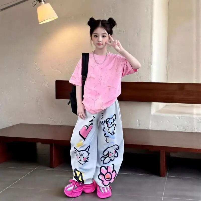 Girls Summer 2026 New Trendy Kids Graffiti Jeans Two Piece Set Short Sleeve T-Shirt Outfit for Toddler Girls Casual Clothing