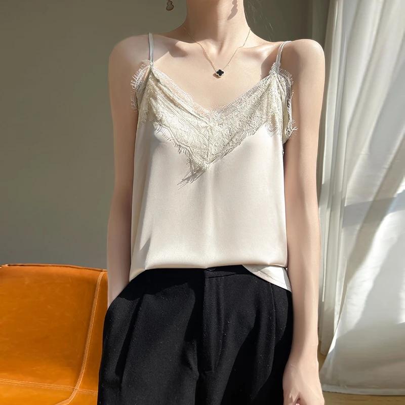 Summer 2025 New Silk Satin V-Neck Suspender Vest For Ladies Sexy Lace Sling Fashion Mulberry Silk Suits Internal Blouse RW D05