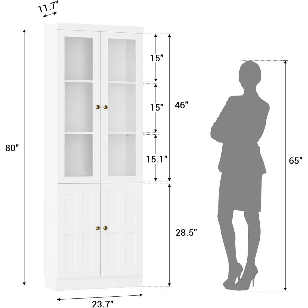 80 Inch Tall Bookshelf with Glass Doors and Thickened Top, Adjustable Shelves, Ideal for Living Room or Home Office, White, Set - view 2
