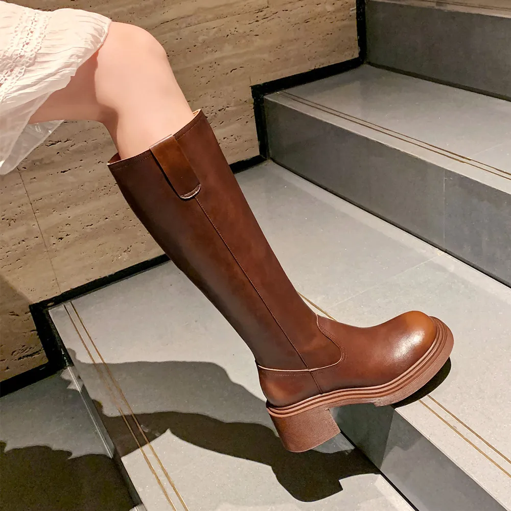 FEDONAS Women Knee-High Boots Autumn Winter Genuine Leather Side Zipper Western Knight High Boots Office Lady Shoes Woman 2024