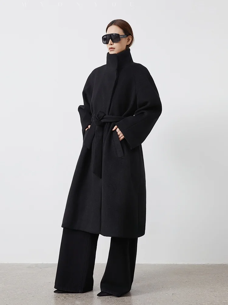 

Original MYONYOU Bla mat Lapel Oversized Woolen Coat Long Sve High Collar Mid-Length for Women Pure Color No Hat