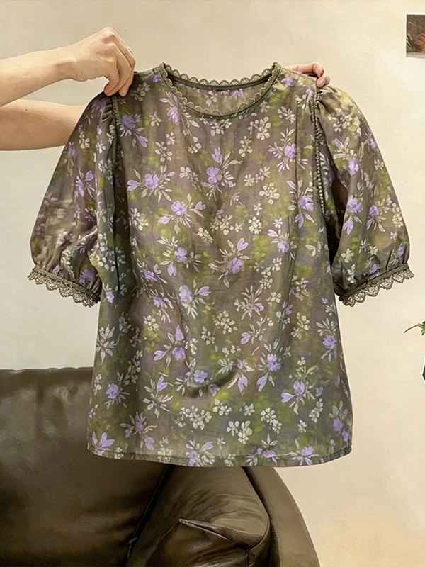 

plus Size Women's Floral Print Short Sleeve round Neck Shirt Summer New Style Slimming Versatile Age-Defying Top Cover up