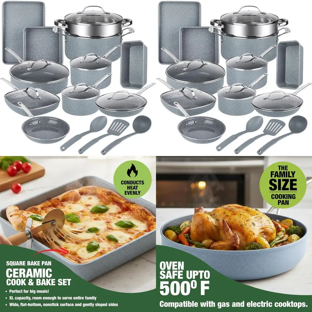 

20-Piece Ceramic Cookware Set with Nonstick Pots, Pans, Bakeware, Utensils, and Steamer - Oven & Dishwasher Safe, Non-Toxic, PFO
