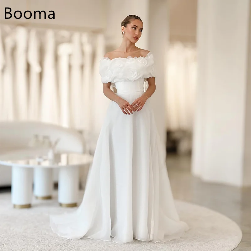

Booma A-Line Off The Shoulder Flowers Wedding Dresses Pleat Simple Sleeveless Long Elegant Brides Gown Custom Made 2025