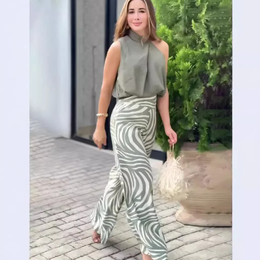 Letnie damskie zestawy dwuczęściowe Top bez rękawów Spodnie z szerokimi nogawkami Kombinezon z nadrukiem Zebras Slim Fit Temperament 2024 Casual