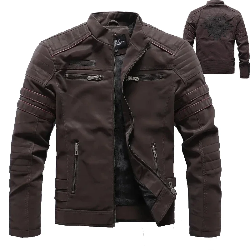 

Зимняя кожаная куртка 2026 для мужчин: теплая, повседневная, мотоциклетная, с вышивкой, из искусственной кожи, с множеством карманов, винтажная верхняя одежда, осенние куртки
