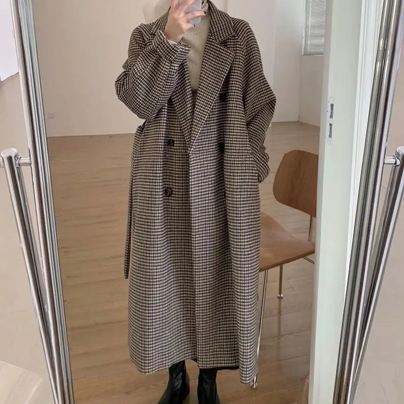 

Gingham Wool Coat Women Autumn Winter 2023 New Fashion Long Sleeve Loose Coat Vintage Lace Up Turn Down Collar Jacket