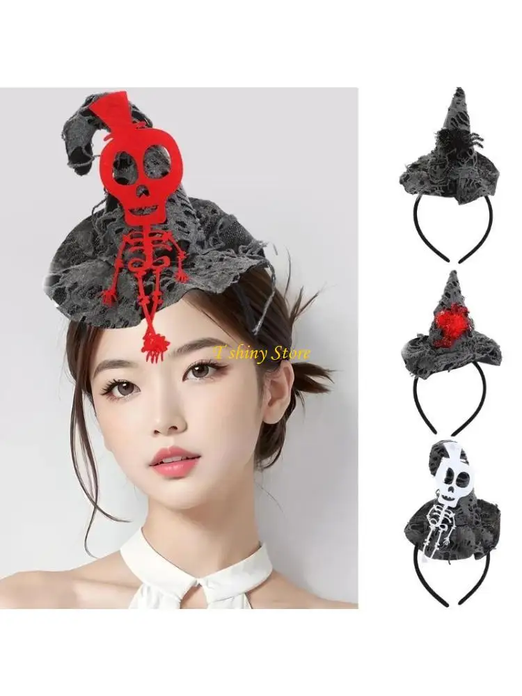 N58F Distressed Witch Hat Headband Spiderling Skeleton Halloween Headdress Hairbands