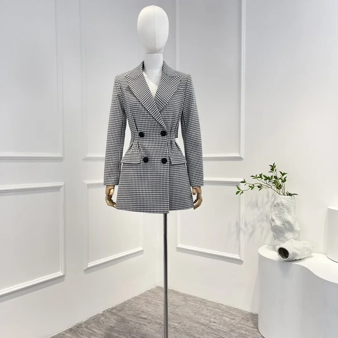 

2025 Autumn New Top Quality Texture Vintage Black White Plaid Blazer for Women