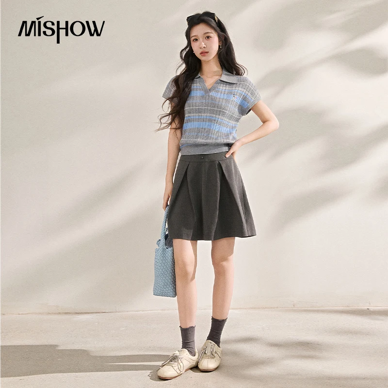 MISHOW Women Striped Polo Knit T-Shirt 2026 Summer New Color Block Collar V Neck Tees Short Sleeve Slim Casual Top MXF21Z3087