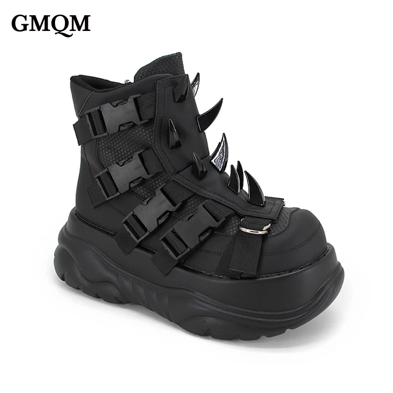 GMQM New Platform Fashion Women‘s Ankle Boots Punk Y2K Style Patent Pu Ruond Toe Black Gothic Metal Decoration Thick Sole Boots
