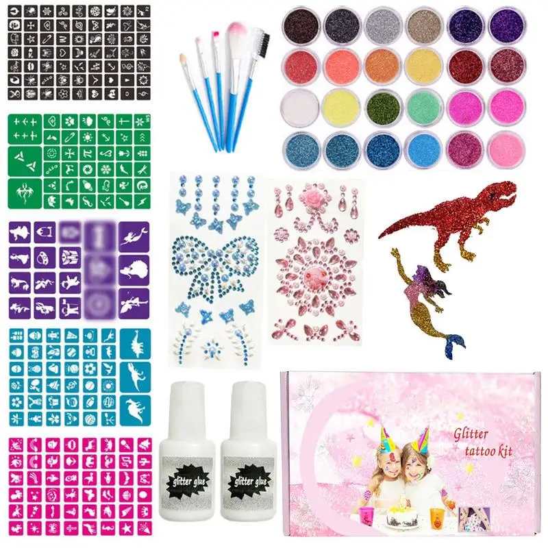 Glitter Colors Tattoo Kit With Stencil Glue Brush Makeup Glitter Body Art Design For Kids Body Painting Glitter Powder Halloween