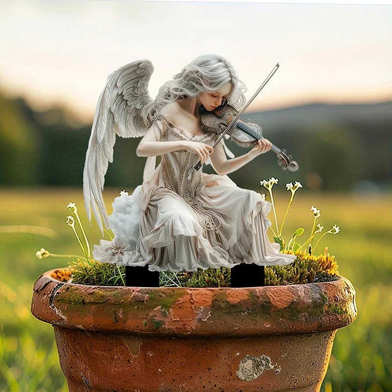 

Plant Potted Wooden Stakes White Angel Violin Acrylic Garden Ornaments Outdoor Lawn and Courtyard Plaque Decoration Gifts