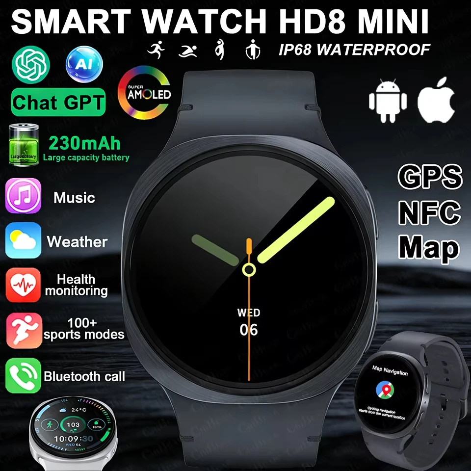 2026 Watch 8 mini GPS Track NFC Smart Watch Men Amoled Always Display Health Monitoring Clock BT Talk galaxys Smart Watch Women.