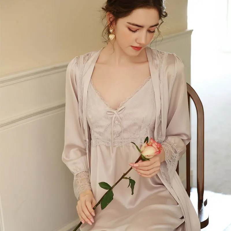 Sexy Lace Bathrobe Women Spring Summer Silk Satin Suspenders Nightgown Two-Piece Robe Set Long Sleeve Sleepwear Night Dress