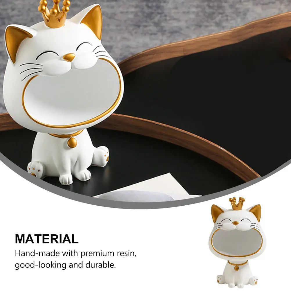 1Pcs Key Storage Ornament Cat Shaped White Resin Desktop Adornment Large Capacity Storage Tray Home Decoration Office Ornament