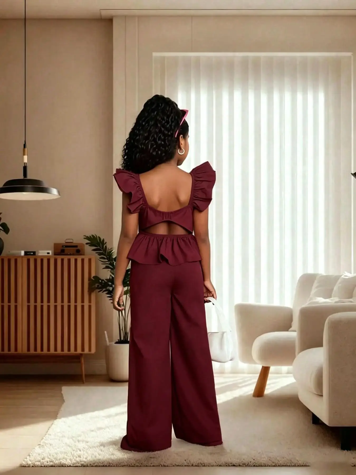 Mädchen-Jumpsuit mit Schößchen und weitem Bein, lässiger Jumpsuit mit quadratischem Ausschnitt, schmale Passform, All-in-One-Design, bequem für den Alltag, für Wochenendausflüge – Detail 4