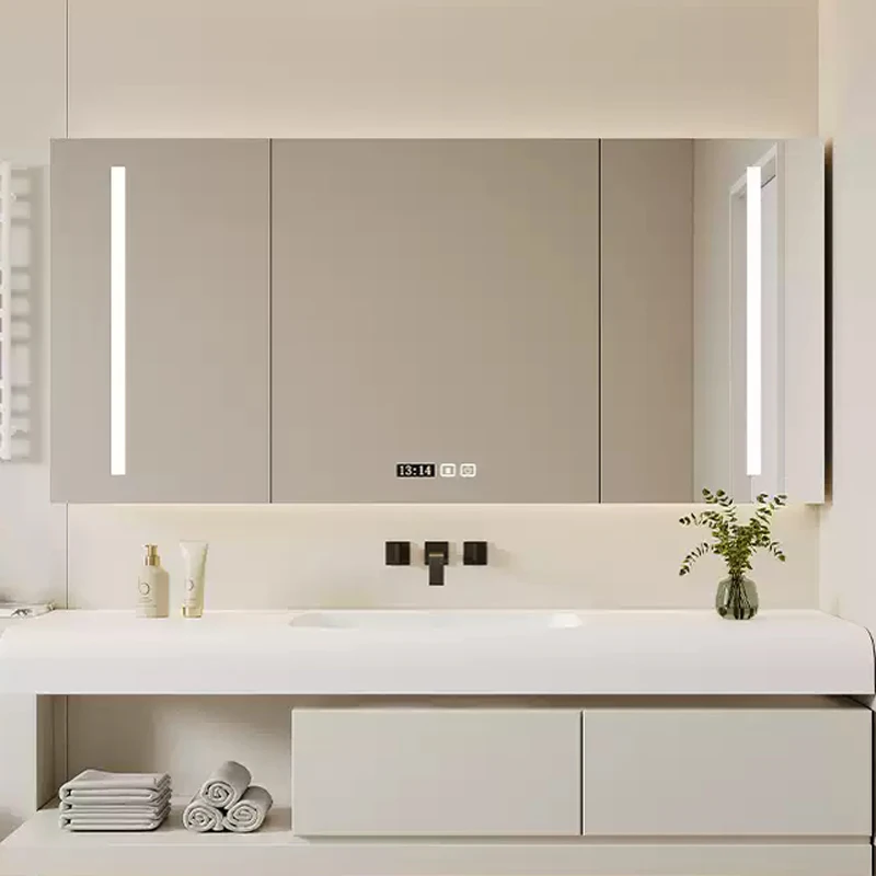 

Separate full mirror bathroom smart mirror cabinet bathroom wall-mounted solid wood with lamp defogging storage mirror box