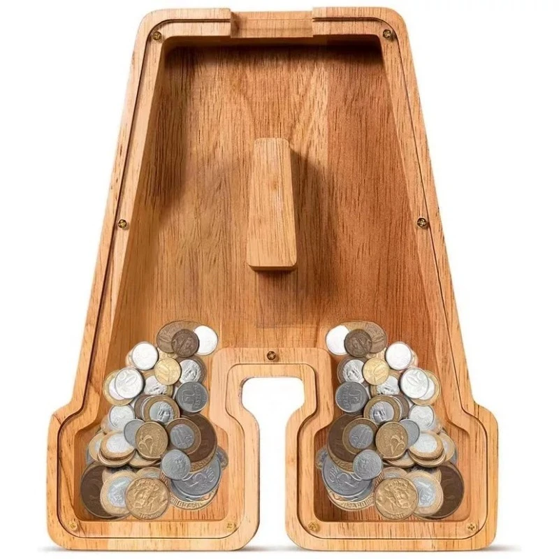 Wooden English Letter Piggy Bank, Transparent Coin Storage Box Creative Desktop Ornament Gift
