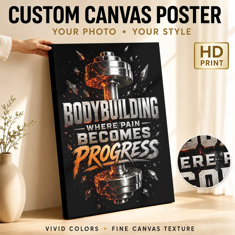 Bodybuilding Where Pain Becomes Progress Gym Motivation Framed Canvas Poster Personalized Photo Text Wall Art for Office Decor