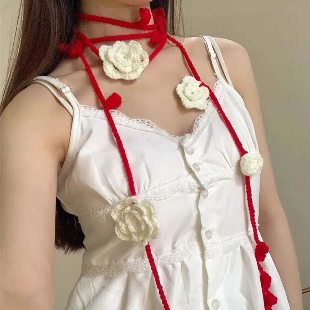 

Korean Style Flower Knitted Scarf Wool Thin Rose Flower Shawl Crocheted Dressing Decoration Long Narrow Scarves Spring Summer