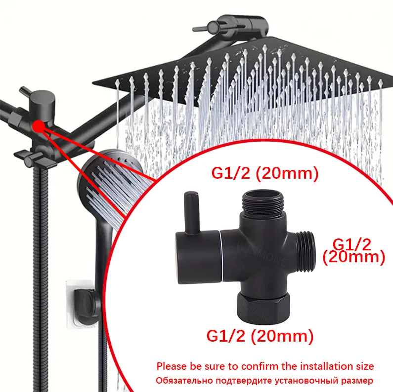 Black Silver 3 Way T-Adapter Diverter Valve for Bathroom Shower Head Accessories G1/2in Shower Faucet Water Splitter Converter