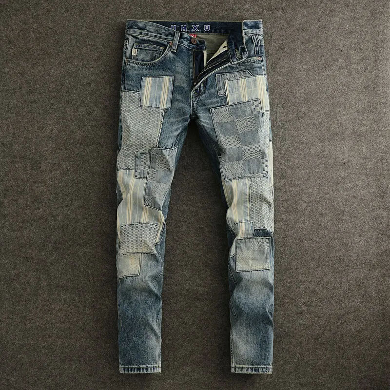 Masculino Retro Lavado Azul Reto Slim Fit Rasgado Jeans, Designer, Hip Hop Denim Calças, Moda de Rua, Alta Qualidade