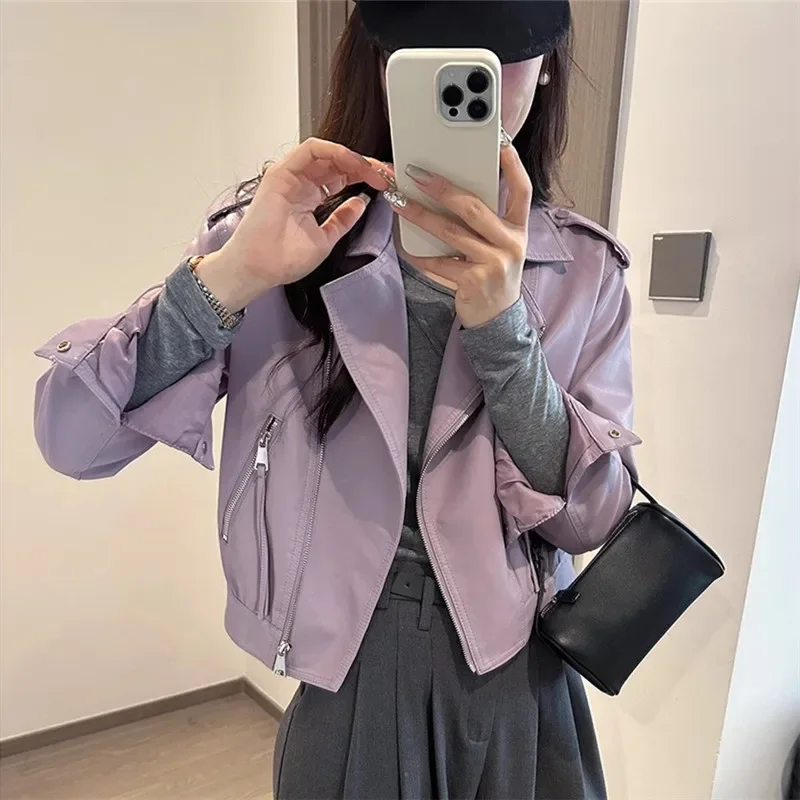 Frühling Frauen Koreanische Dünne Kurze Faux Pu Leder Mantel Streetwear Fashion Lila Obst Grün Revers Langarm Weibliche Biker Jacke