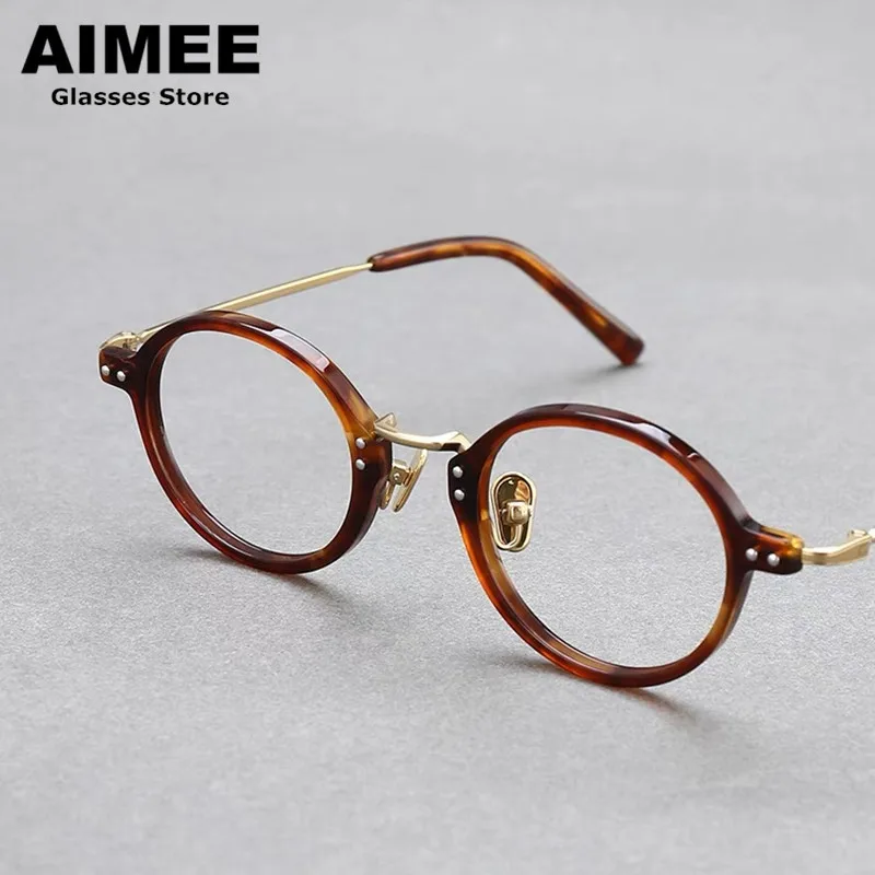 Vintage Round Titanium Acetate Glasses Frame Japanese Handmade Men Optical Prescription Eyeglasses Women Fashion Spectacles Gafa