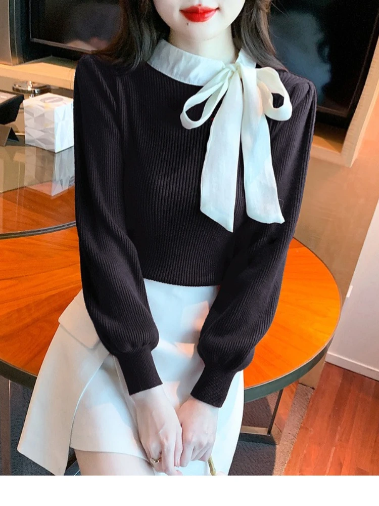 المرأة الخريف الشتاء موضة جديدة التباين اللون المرقعة الحياكة البلوفرات الكورية نمط الحلو مزاجه القوس سترة حمراء