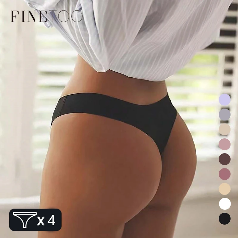 FINETOO 4PCS Silk Satin Seamless Underwear Low Waist Thongs Sexy Solid Color Bikini Underpants Female Stretch Intimates Lingerie