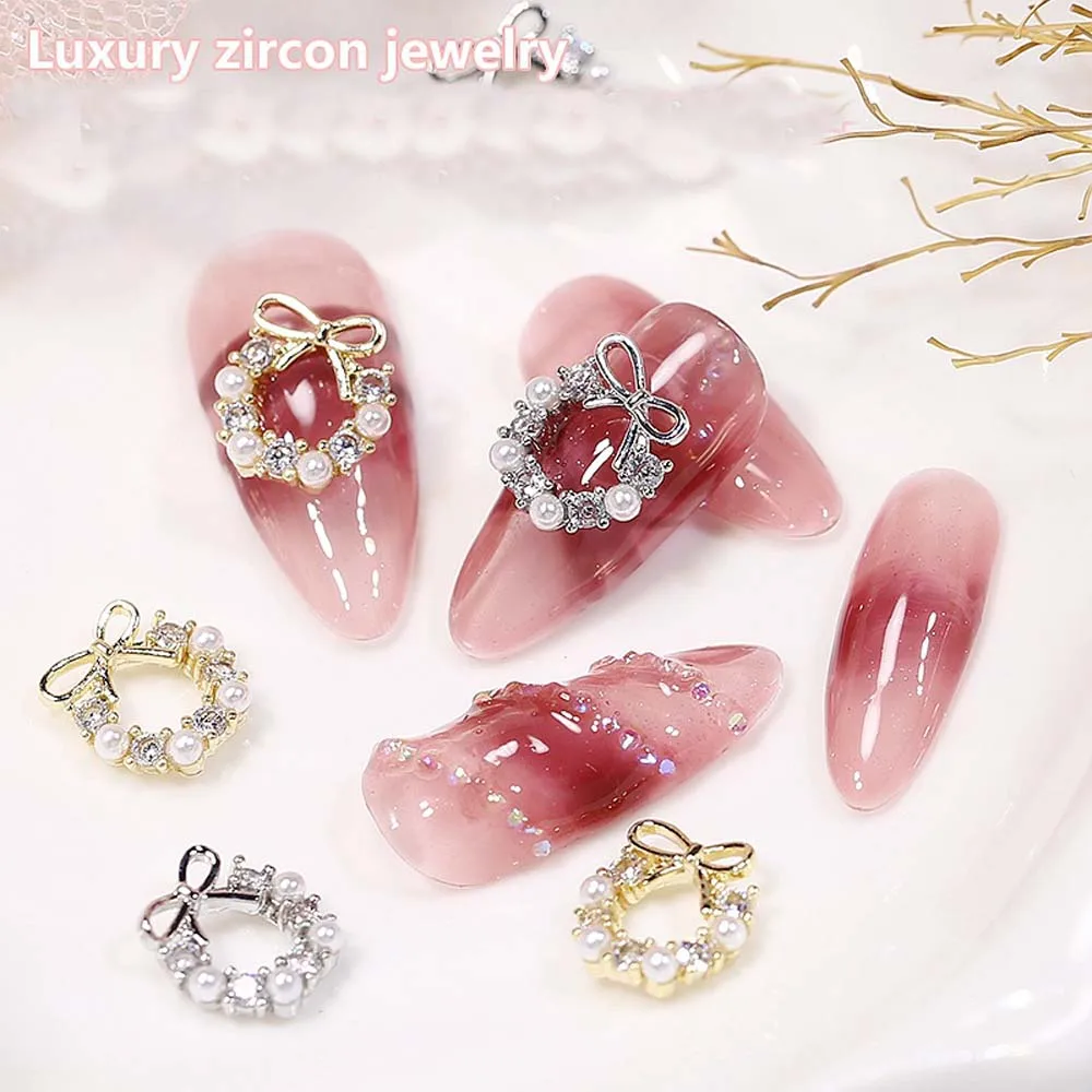 Boże Narodzenie 10*11mm girlanda Bowknot perła 3D Charms do paznokci 10 szt. Wieniec z cyrkonią kryształowa girlanda zdobienie paznokci dekoracje DIY Manicure Jewe