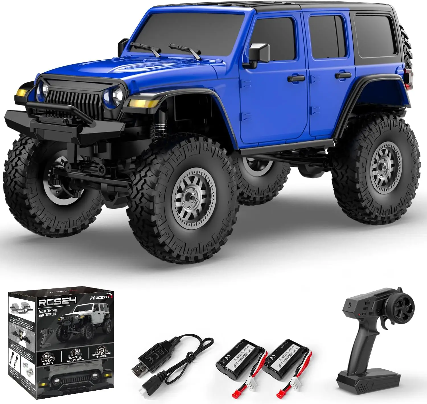 RCS24 1/24 RC Truck 4x4 Crawler, All Terrain RC Monster Truck Remote Control Car with Bright Headlight 2 Batteries